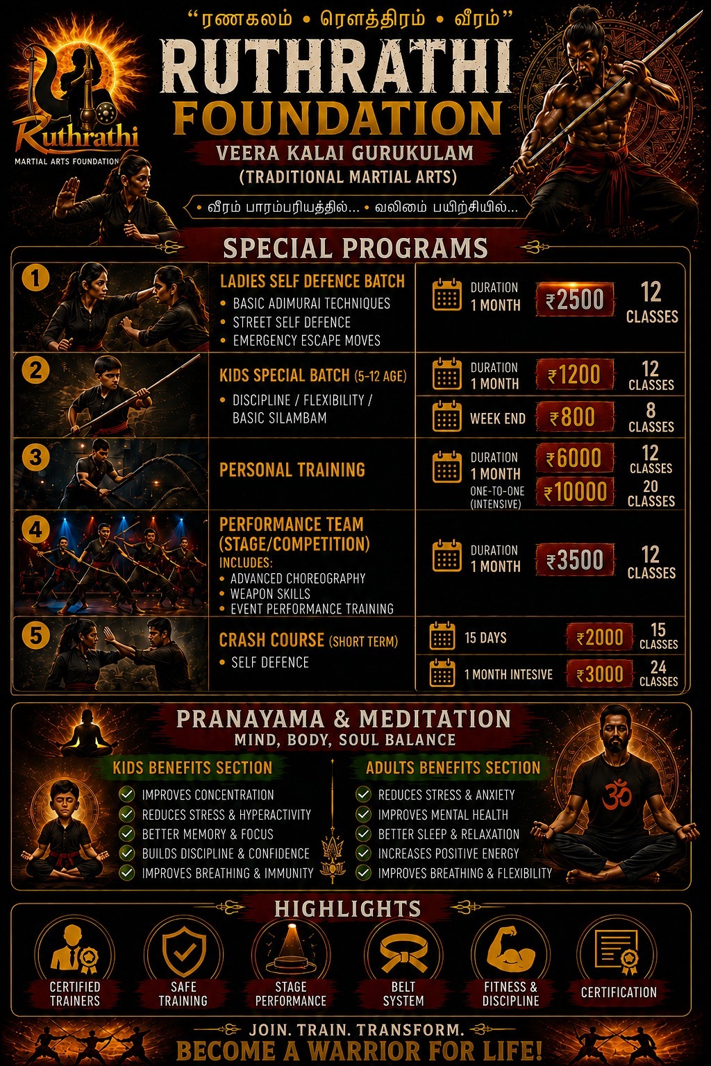 Brochure page 2: special programs, Pranayama and highlights